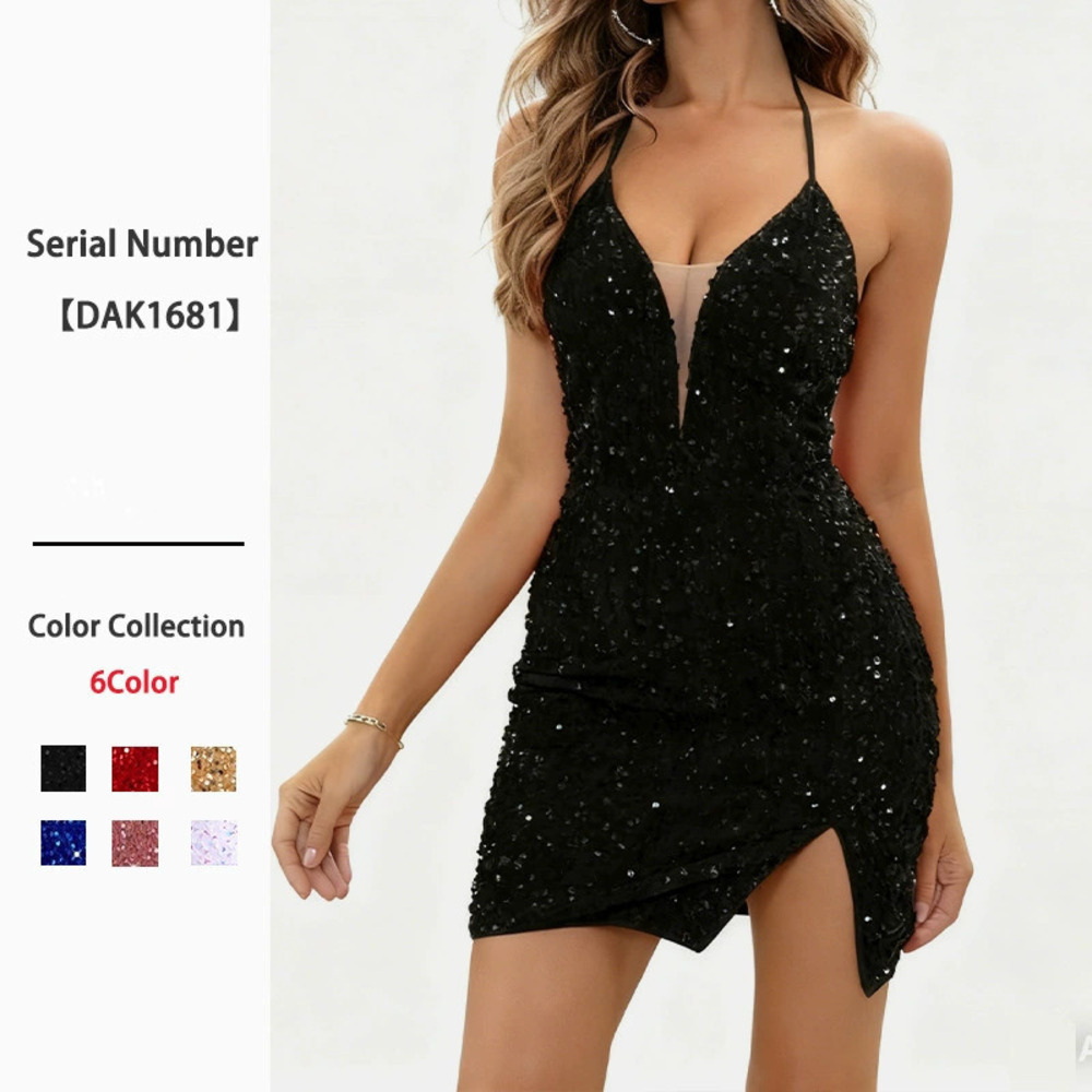 Sexy Spaghetti Strap Sequin Dress Party Backless Slit Bodycon Mini Dress
